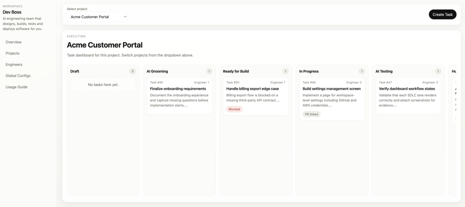 Dev Boss dashboard showing a project board with AI grooming, build, testing, and deployment workflow stages.