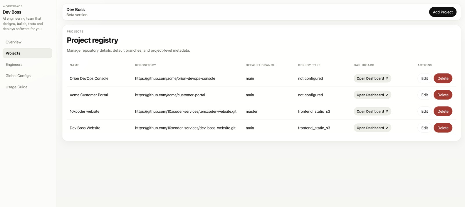 Dev Boss project registry showing software projects and their linked execution setup.